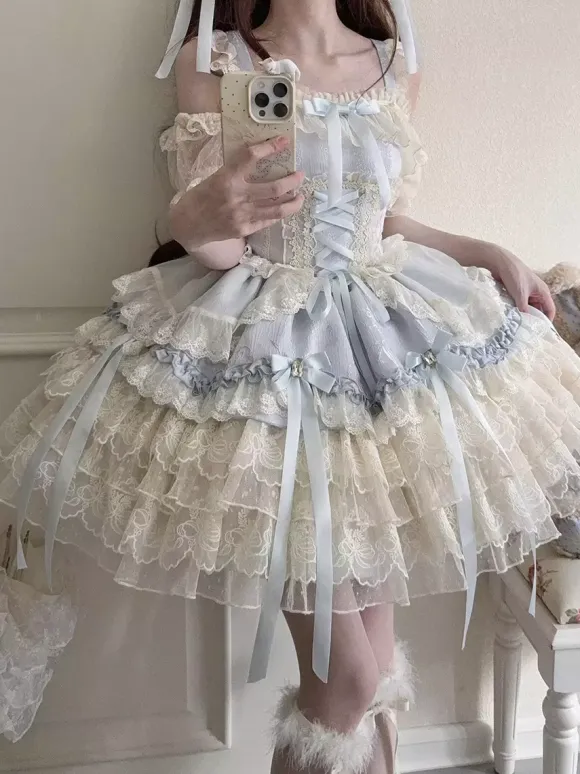 Hime Lolita Dress Sweet Lace Ruffles Bandage Back Bow Short Short Lolita Dress