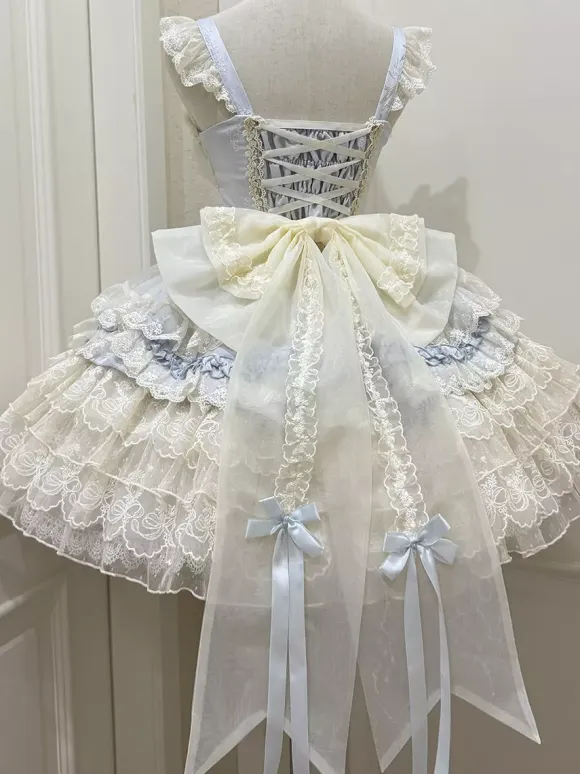 Hime Lolita Dress Sweet Lace Ruffles Bandage Back Bow Short Short Lolita Dress
