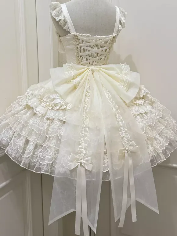 Hime Lolita Dress Sweet Lace Ruffles Bandage Back Bow Short Short Lolita Dress