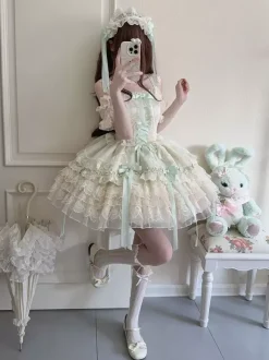 Hime Lolita Dress Sweet Lace Ruffles Bandage Back Bow Short Short Lolita Dress