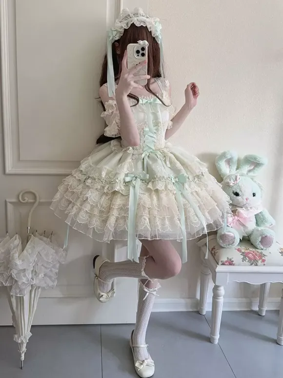 Hime Lolita Dress Sweet Lace Ruffles Bandage Back Bow Short Short Lolita Dress