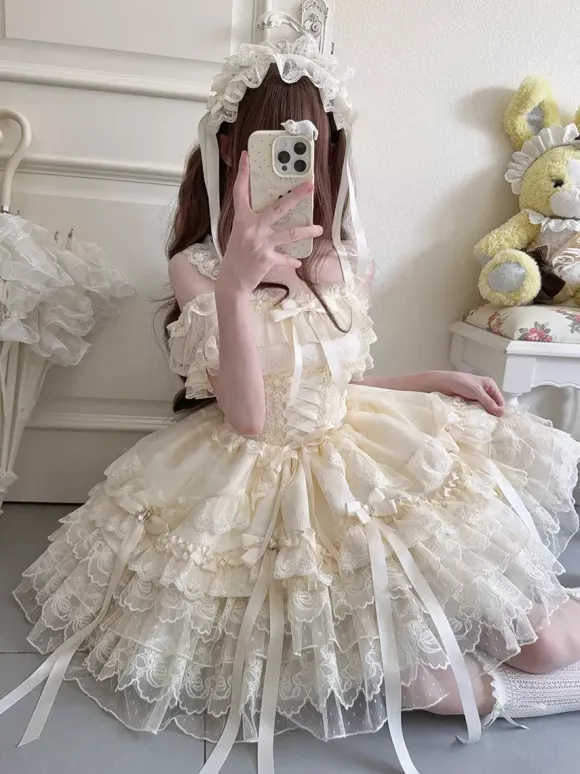 Hime Lolita Dress Sweet Lace Ruffles Bandage Back Bow Short Short Lolita Dress