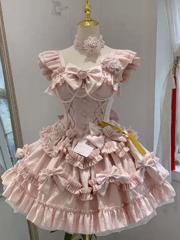 Hime Lolita Dress Sweet Pink Sleeveless Ruffles Jumper Skirt Casual Daily Wear Polyester Kawaii Fashion