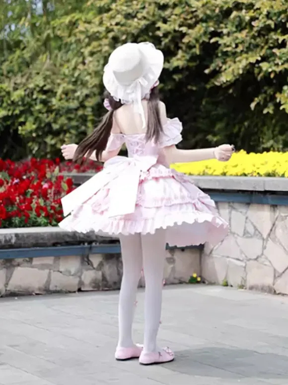 Hime Lolita Dress Sweet Pink Sleeveless Ruffles Jumper Skirt Casual Daily Wear Polyester Kawaii Fashion