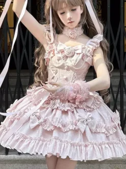 Hime Lolita Dress Sweet Pink Sleeveless Ruffles Jumper Skirt Casual Daily Wear Polyester Kawaii Fashion