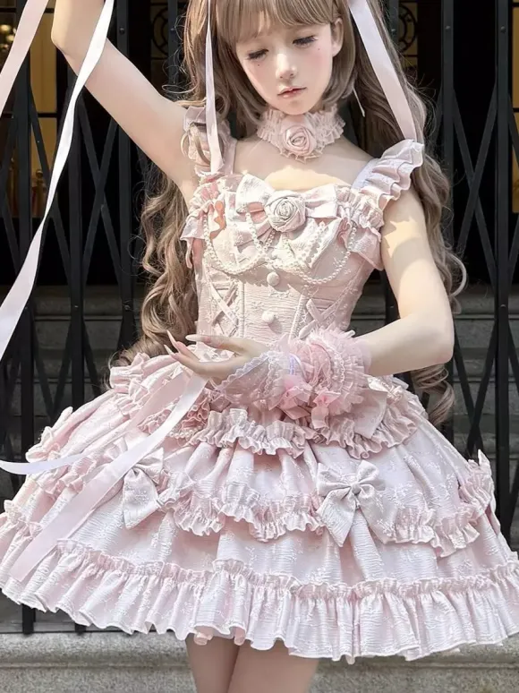 Hime Lolita Dress Sweet Pink Sleeveless Ruffles Jumper Skirt Casual Daily Wear Polyester Kawaii Fashion