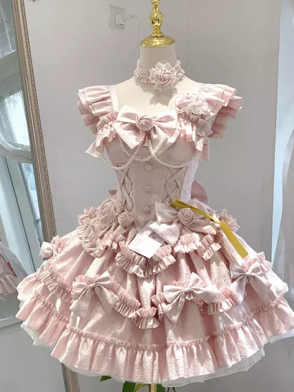 Hime Lolita Dress Sweet Pink Sleeveless Ruffles Jumper Skirt Casual Daily Wear Polyester Kawaii Fashion