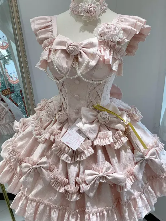 Hime Lolita Dress Sweet Pink Sleeveless Ruffles Jumper Skirt Casual Daily Wear Polyester Kawaii Fashion