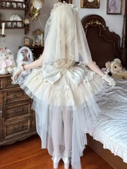 Hime Sweet Lolita Dress Light Green Short Sleeves Floral Tea Party Dress with Train Polyester Kawaii Fashion