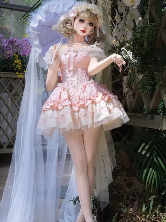 Hime Sweet Lolita Dress Light Green Short Sleeves Floral Tea Party Dress with Train Polyester Kawaii Fashion
