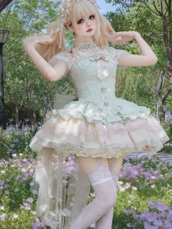 Hime Sweet Lolita Dress Light Green Short Sleeves Floral Tea Party Dress with Train Polyester Kawaii Fashion