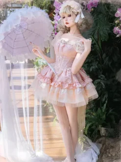 Hime Sweet Lolita Dress Light Green Short Sleeves Floral Tea Party Dress with Train Polyester Kawaii Fashion