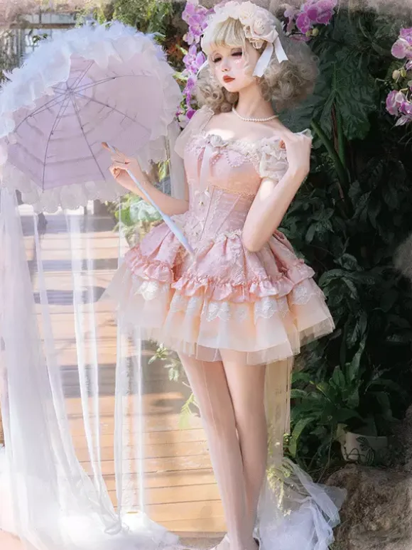 Hime Sweet Lolita Dress Light Green Short Sleeves Floral Tea Party Dress with Train Polyester Kawaii Fashion