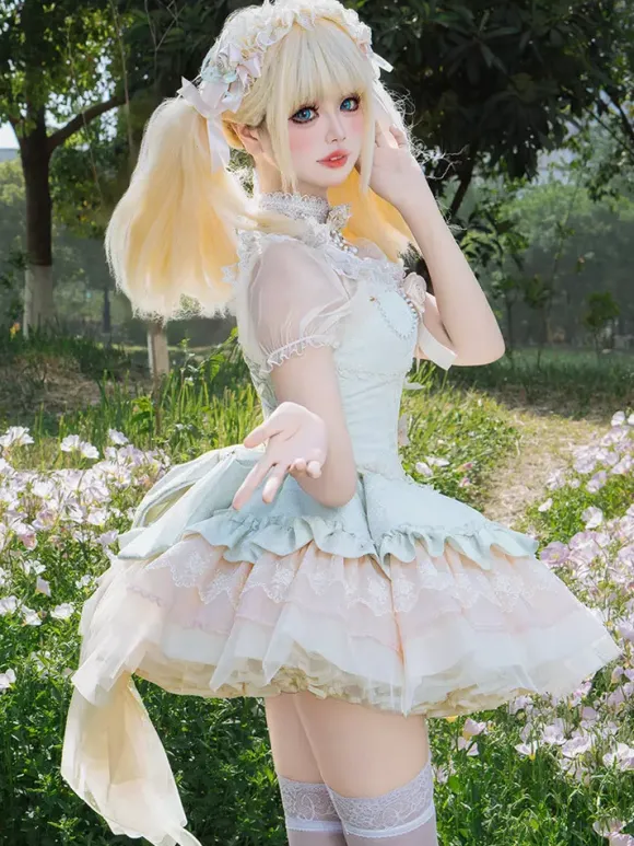 Hime Sweet Lolita Dress Light Green Short Sleeves Floral Tea Party Dress with Train Polyester Kawaii Fashion