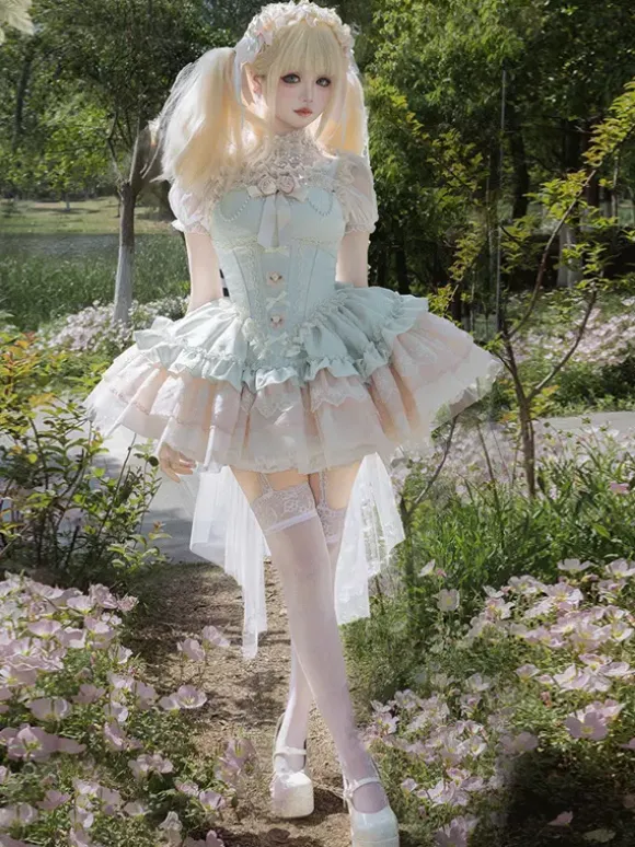 Hime Sweet Lolita Dress Light Green Short Sleeves Floral Tea Party Dress with Train Polyester Kawaii Fashion