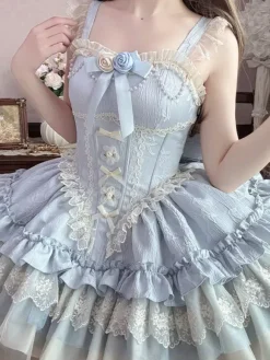 Hime Sweet Lolita Dress Light Green Short Sleeves Floral Tea Party Dress with Train Polyester Kawaii Fashion