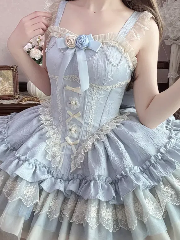 Hime Sweet Lolita Dress Light Green Short Sleeves Floral Tea Party Dress with Train Polyester Kawaii Fashion