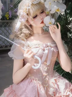 Hime Sweet Lolita Dress Light Green Short Sleeves Floral Tea Party Dress with Train Polyester Kawaii Fashion