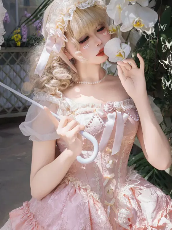 Hime Sweet Lolita Dress Light Green Short Sleeves Floral Tea Party Dress with Train Polyester Kawaii Fashion