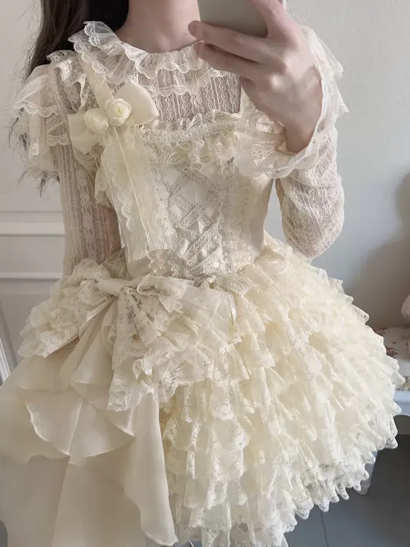 Hime Sweet Lolita Dress Polyester Sleeveless Tiered Sweet Jumper Apricot Lolita Dress