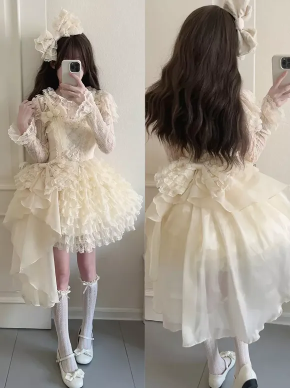 Hime Sweet Lolita Dress Polyester Sleeveless Tiered Sweet Jumper Apricot Lolita Dress