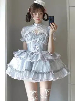 Hime Sweet Lolita Dresses Sleeveless Bows Daily Casual Light Gray JSK