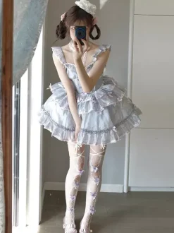 Hime Sweet Lolita Dresses Sleeveless Bows Daily Casual Light Gray JSK