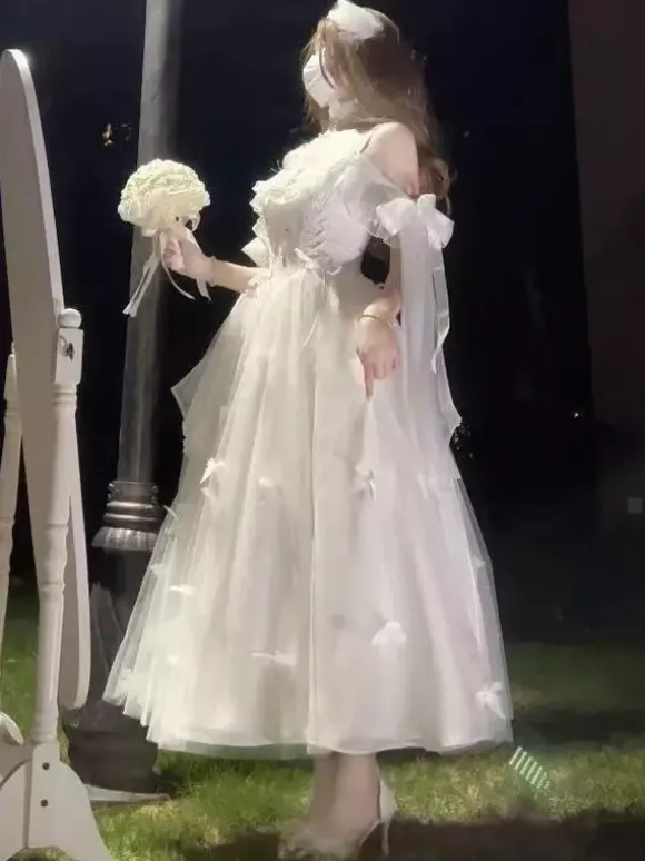 Hime Wedding Sweet Lolita Sleeveless Pearls White Lolita Dress Daily Casual Dress