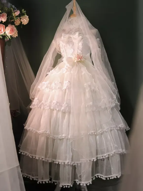 Hime Wedding Sweet Lolita Dress Sleeveless Headwear White Lolita Dress Color Block Dress