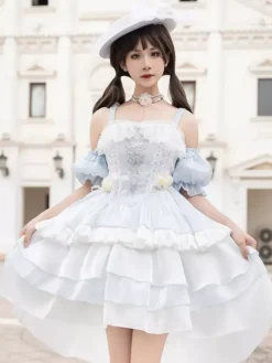 Hime Gothic Sweet Lolita Dress Light Sky Blue Sleeveless Bows Jumper Polyester Kawaii Fashion