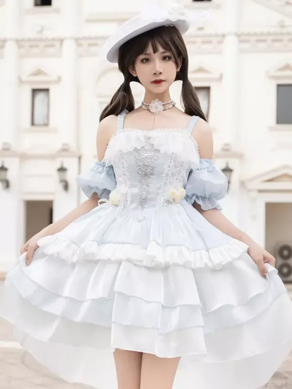 Hime Gothic Sweet Lolita Dress Light Sky Blue Sleeveless Bows Jumper Polyester Kawaii Fashion