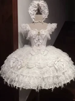 Hime Lolita Dress Sweet Bows Lace Ruffles Short Lolita Dress