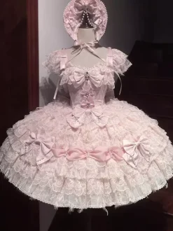 Hime Lolita Dress Sweet Bows Lace Ruffles Short Lolita Dress