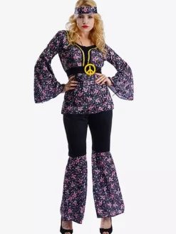 Hippie Costume Women's Holiday Long Trumpet Sleeves Retro Floral Dress