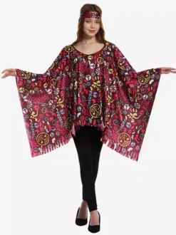 Hippie Costume Women's Mardi Gras Sleeveless Retro Cloak with Headwear