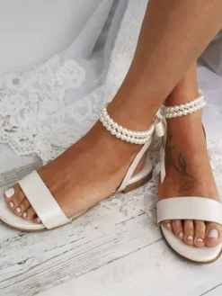 Hobo Bridal Shoes Flat Open Toe Pearls Ankle Strap Wedding Shoes