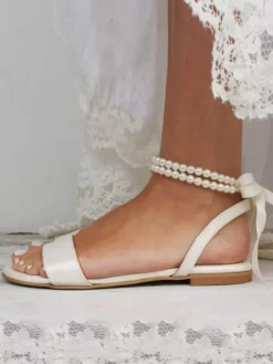 Hobo Bridal Shoes Flat Open Toe Pearls Ankle Strap Wedding Shoes
