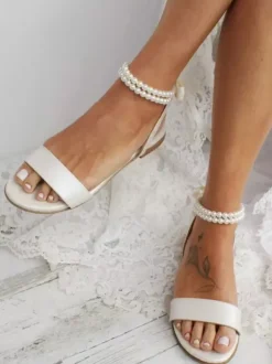 Hobo Bridal Shoes Flat Open Toe Pearls Ankle Strap Wedding Shoes