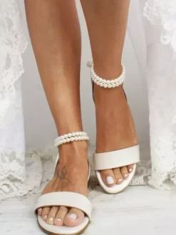Hobo Bridal Shoes Flat Open Toe Pearls Ankle Strap Wedding Shoes