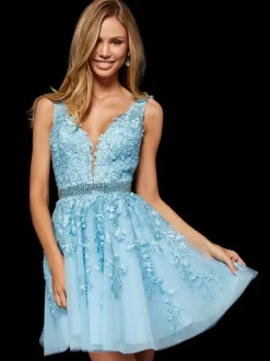 Homecoming Dress 2026 Sleeveless Backless Lace Short A-Line V-Neck Sash Light Blue Party Dress Free Customization
