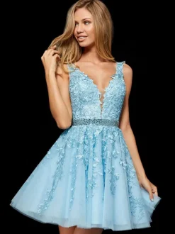 Homecoming Dress 2026 Sleeveless Backless Lace Short A-Line V-Neck Sash Light Blue Party Dress Free Customization