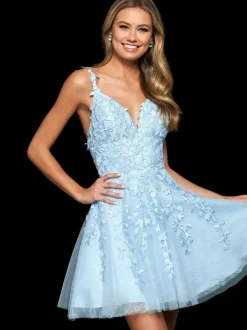 Homecoming Dress 2026 Sleeveless Short A-Line V-Neck Lace Light Blue Party Dress Free Customization