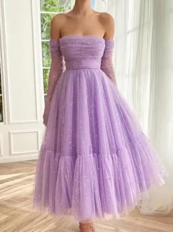 Homecoming Dress Ball Gown Bateau Neck Sequins Tulle Ankle-Length Midi Dress