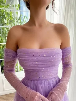 Homecoming Dress Ball Gown Bateau Neck Sequins Tulle Ankle-Length Midi Dress