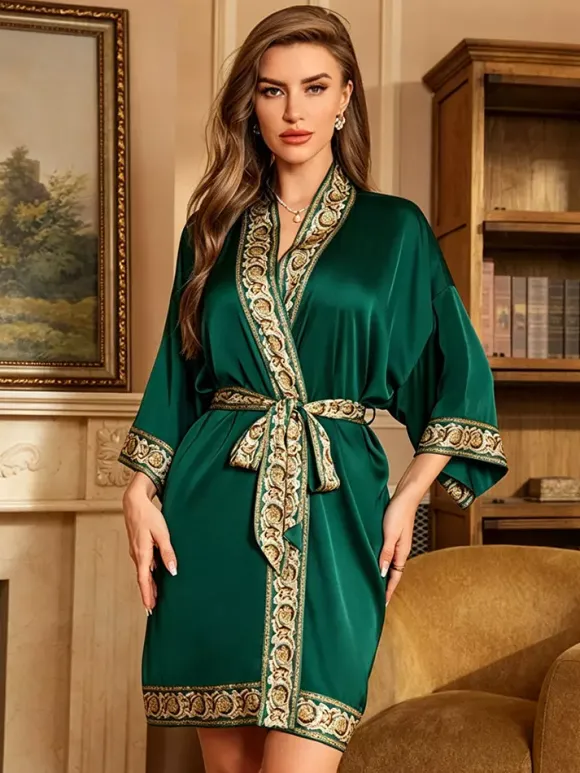 Home Wear 3/4 Length Sleeves Floral Print Oversized Chiffon Sash Casual Robe