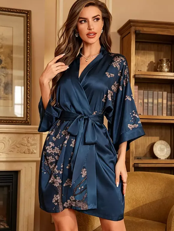 Home Wear 3/4 Length Sleeves Floral Print Oversized Chiffon Sash Casual Robe