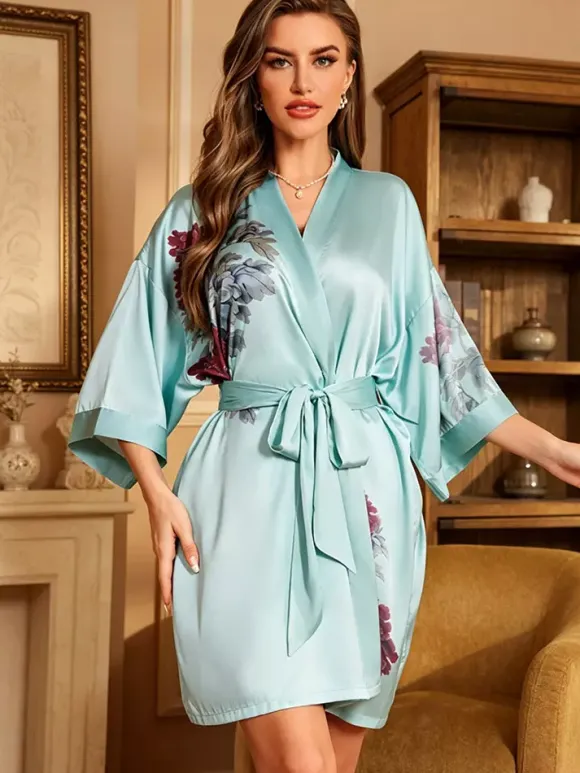 Home Wear 3/4 Length Sleeves Floral Print Oversized Chiffon Sash Casual Robe
