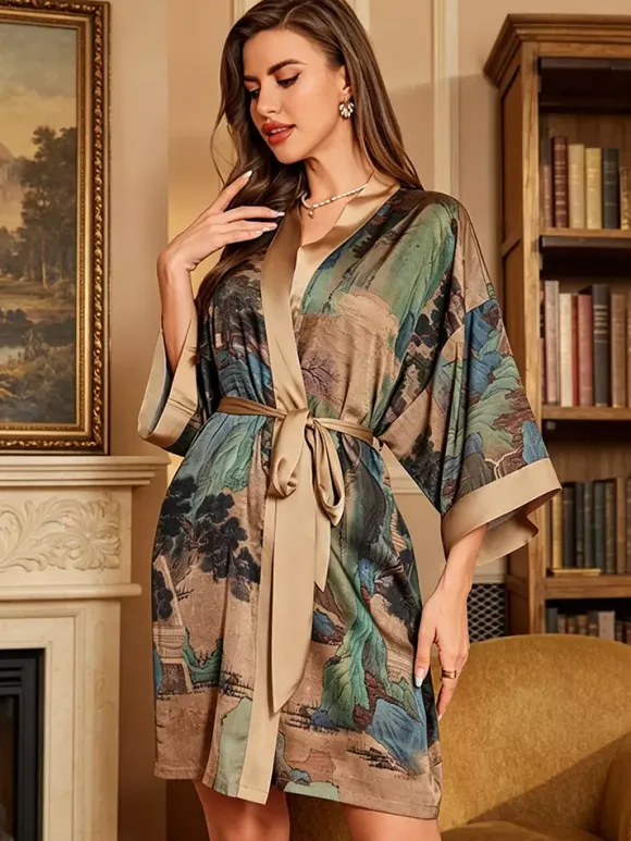 Home Wear 3/4 Length Sleeves Floral Print Oversized Chiffon Sash Casual Robe