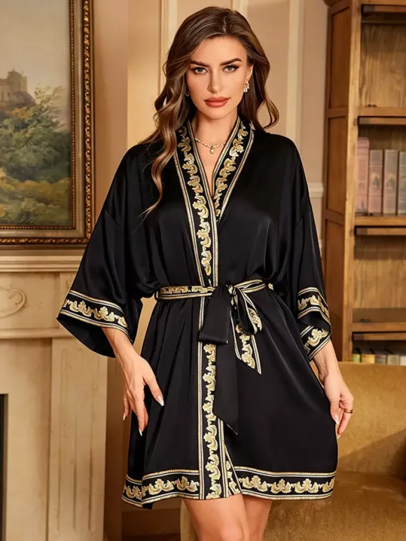 Home Wear 3/4 Length Sleeves Floral Print Oversized Chiffon Sash Casual Robe