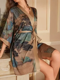 Home Wear 3/4 Length Sleeves Floral Print Oversized Chiffon Sash Casual Robe